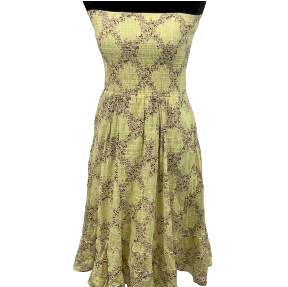 Free People Women's Strapless Floral‎ Ruched Cotton Dress Yellow Size 0